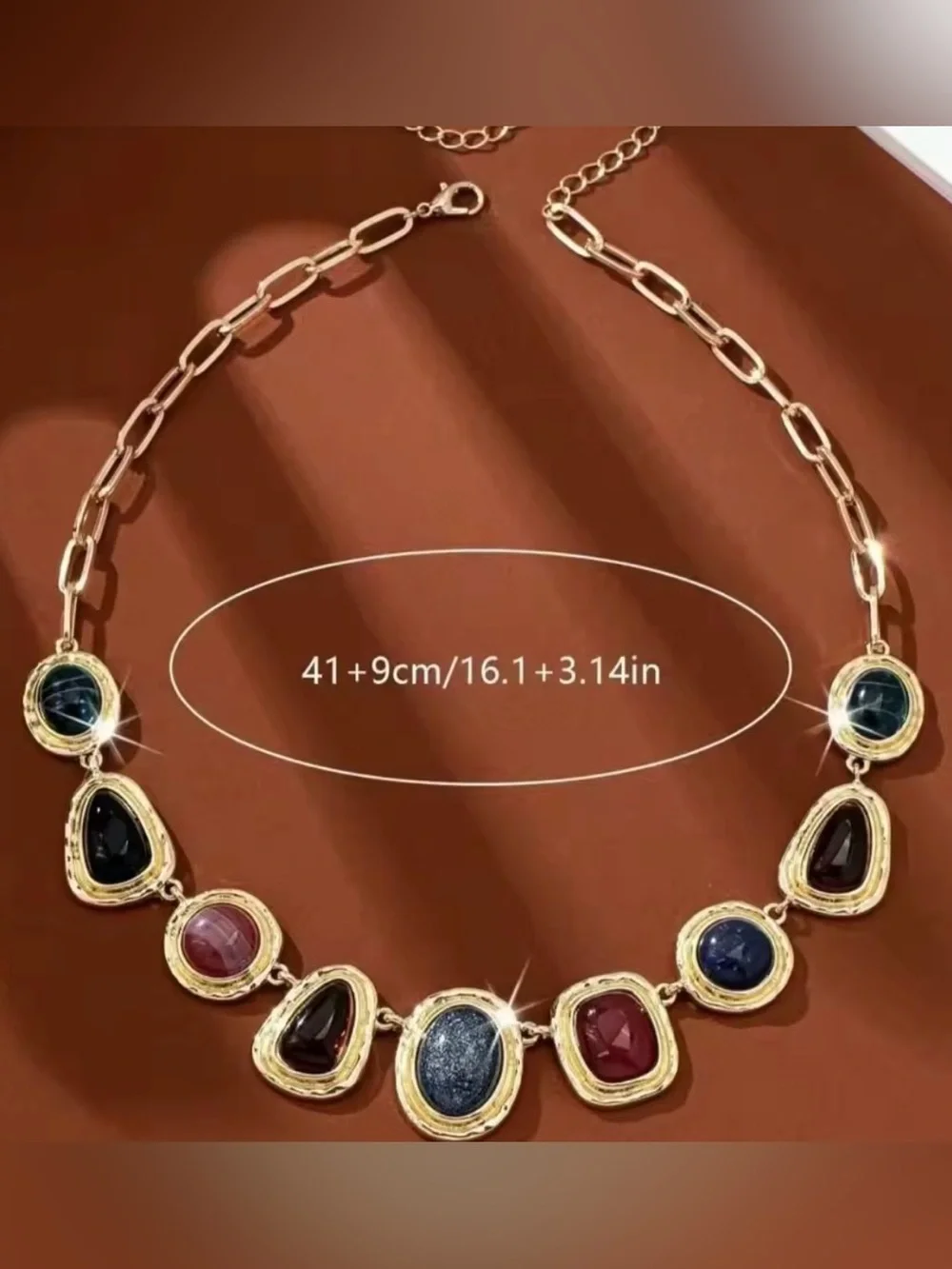 Gold tone Multi-Stone Statement Necklace in Blue and Red Elegant Necklace.